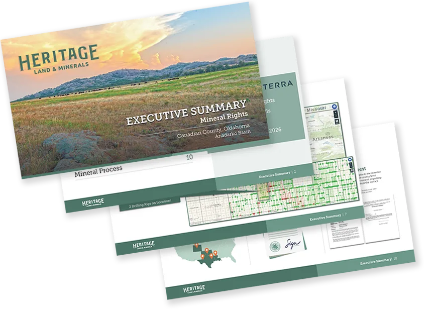 Pages from the Heritage Land & Minerals investor prospectus, including the executive summary and mineral field data